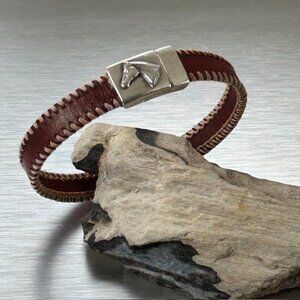Equestrian Bracelet, dark brown leather with stitching & silver horse head